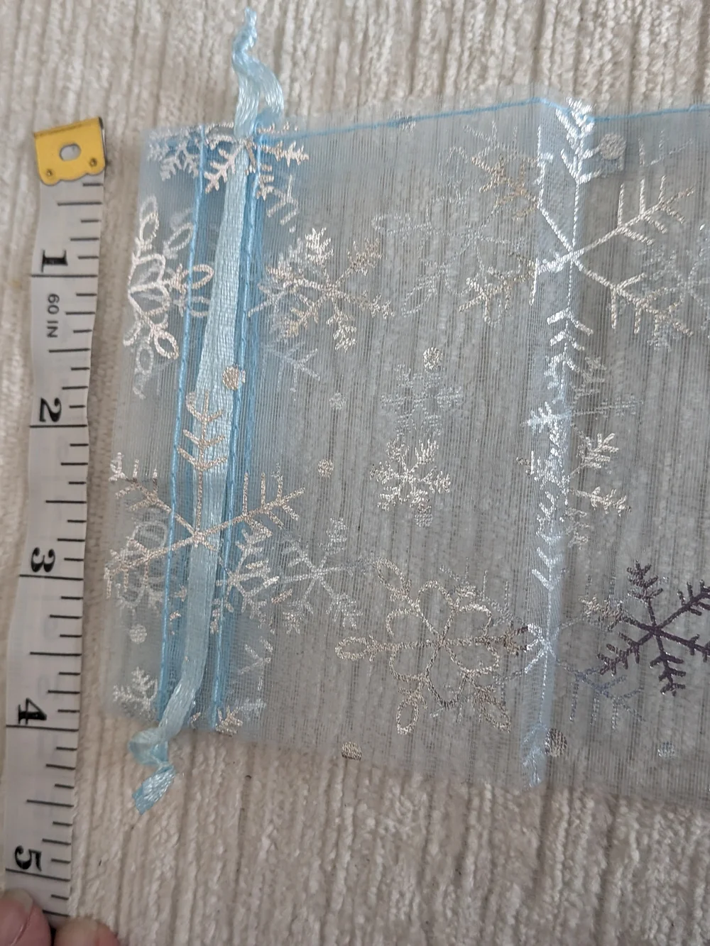 Light Blue Sheer Organza Drawstring Bags 25 Pack Silver Snowflake Print